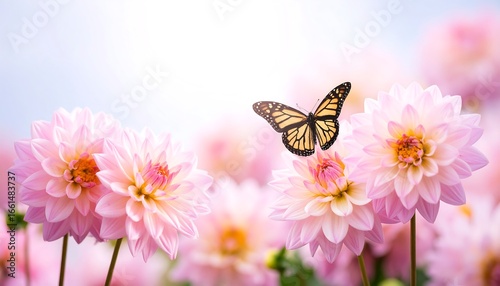 Butterfly among pink dahlia flowers