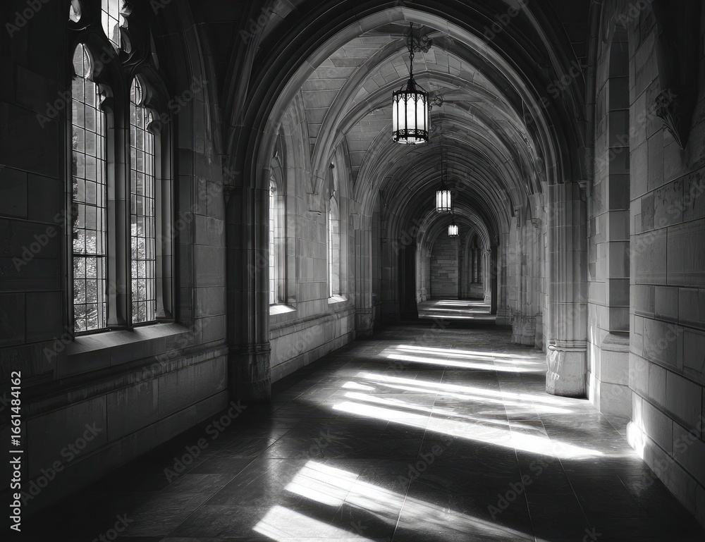 Obraz premium Gothic hallway, sunlight streams