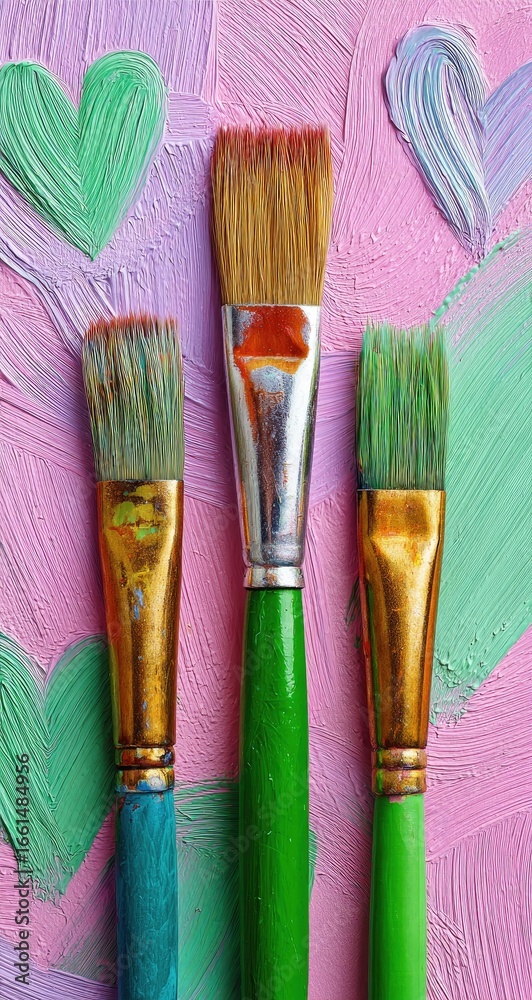 Fototapeta premium Three paintbrushes, vibrant colors, artistic backdrop
