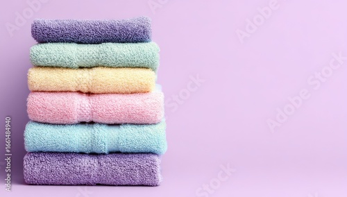 Stack of colorful towels on a purple background
