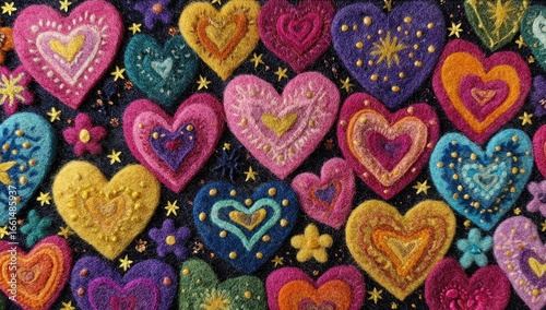 Felted hearts, various colors, on dark background with stars and flowers