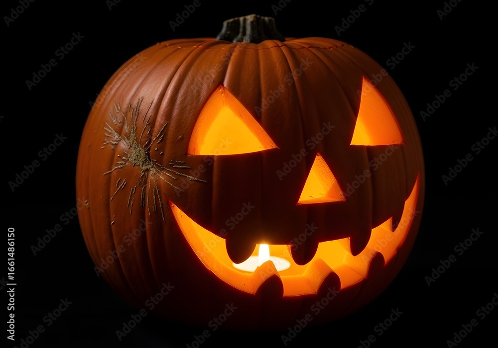 Fototapeta premium A classic carved jack-o'-lantern glowing brightly in the dark for Halloween