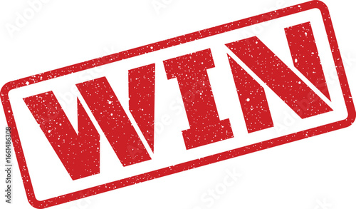 Distressed rectangular rubber stamp with the word WIN in bold, tilted illustration