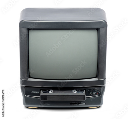 Vintage TV VHS combo unit with cassette sticking out. Classic retro electronics from 1990s, old cathode ray tube television with integrated videotape recorder, isolated on transparent PNG