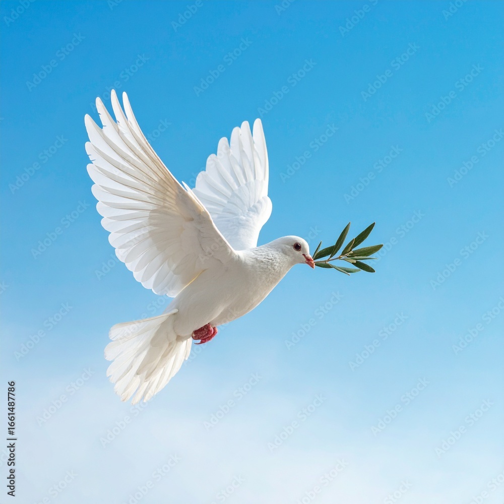 Fototapeta premium A background featuring a white dove carrying an olive branch against a blue sky with white gradients. A classic symbol of peace, perfect for the International Day of Peace theme.