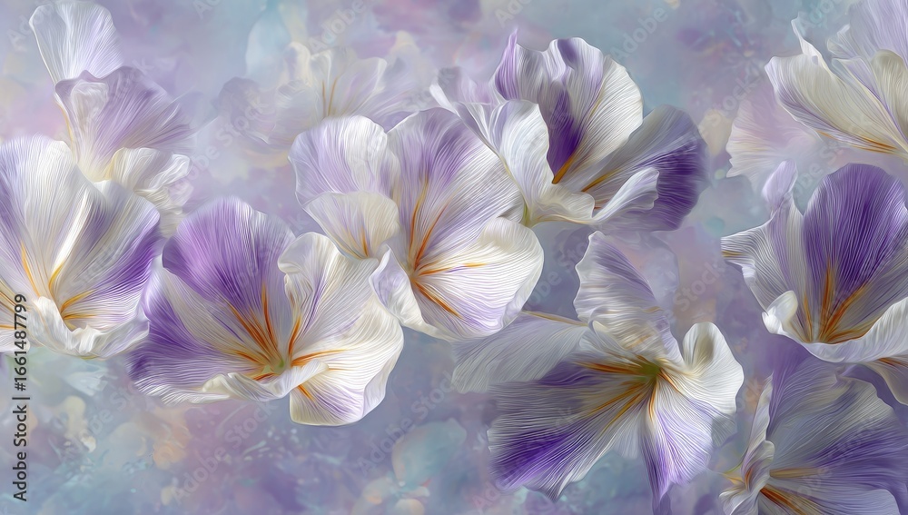 Fototapeta premium Delicate, pastel-toned flowers in soft focus, with swirling, light-blue and lavender backgrounds