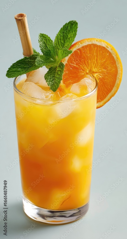 Fototapeta premium A vibrant orange drink in a glass, garnished with orange slice and mint