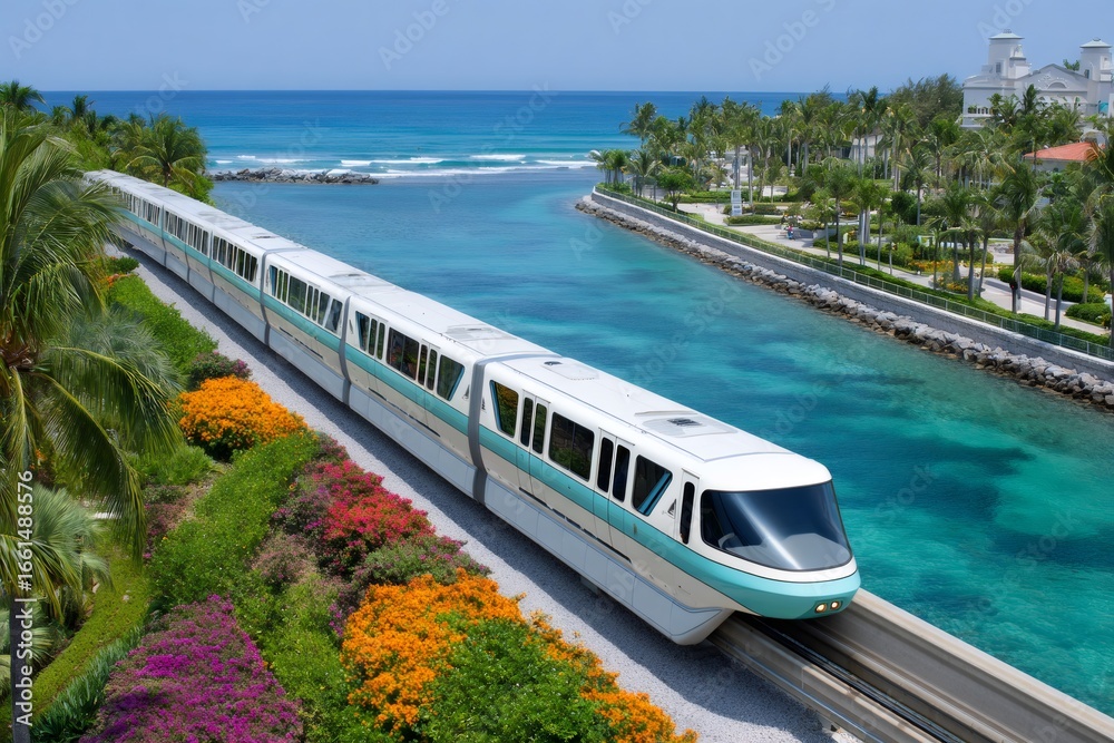 Naklejka premium Monorail train moving along tropical coastline in paradise island, bahamas