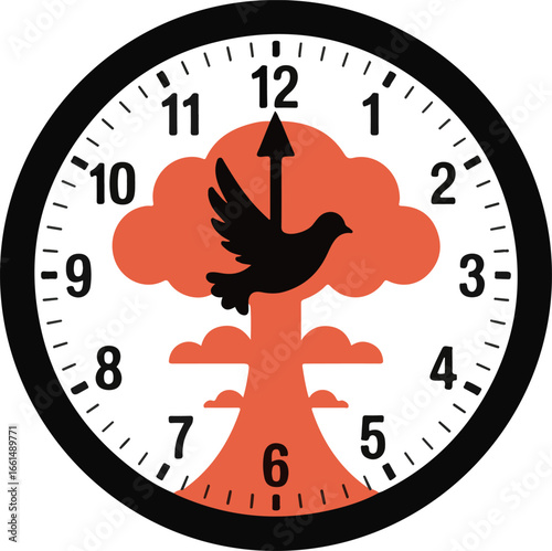 Clock face with nuclear explosion and dove symbol at midnight