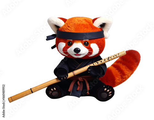 Chibi Red Panda Ninja Sitting Cross-Legged with Bo Staff, Top-Down View, isolated on transparent background png