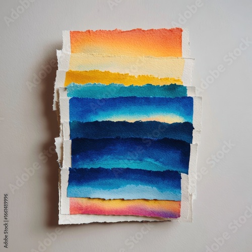Stacked, layered watercolor artworks, showcasing a spectrum of sunset and seascape hues.  Each piece, torn paper, depicts a horizontal vista.  