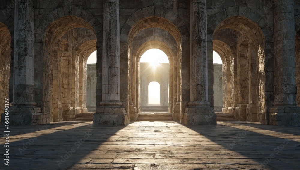 Fototapeta premium Sunlit, ancient stone arches create a vast interior space