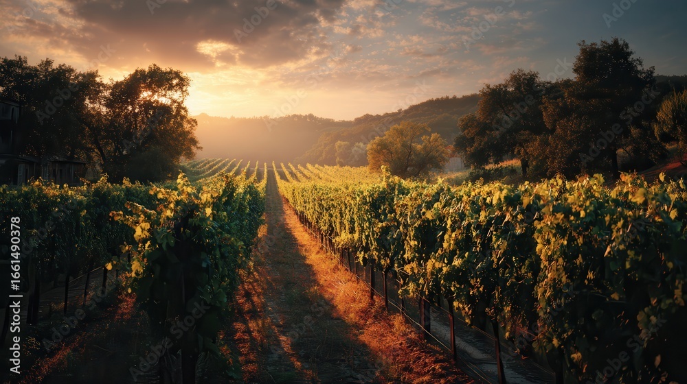 Fototapeta premium Golden sunlight filters through vineyard rows at dusk, highlighting ripe grapes ready for harvest