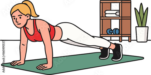 Vector illustration of a woman performing plank exercise on a mat at home, building core strength, stability, endurance, body balance, and supporting a healthy lifestyle.