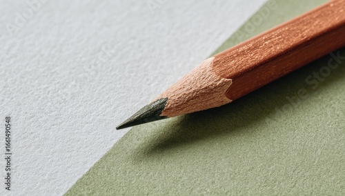 Close-up of a pencil tip resting on two-toned paper.  The pencil's wooden casing is a light brownish-orange, and the graphite point is dark gray.  The paper is a pale off-white and a muted sage green