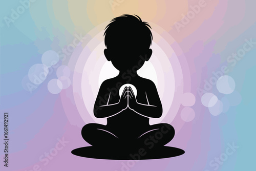 Silhouette illustration of child meditating with prayer hands and glowing aura, symbolizing mindfulness, inner peace, and emotional clarity
