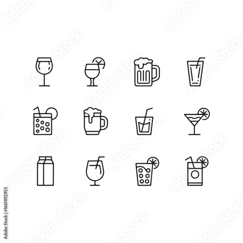 Collection of thin line icons featuring various alcoholic and non-alcoholic beverage drinks silhouette