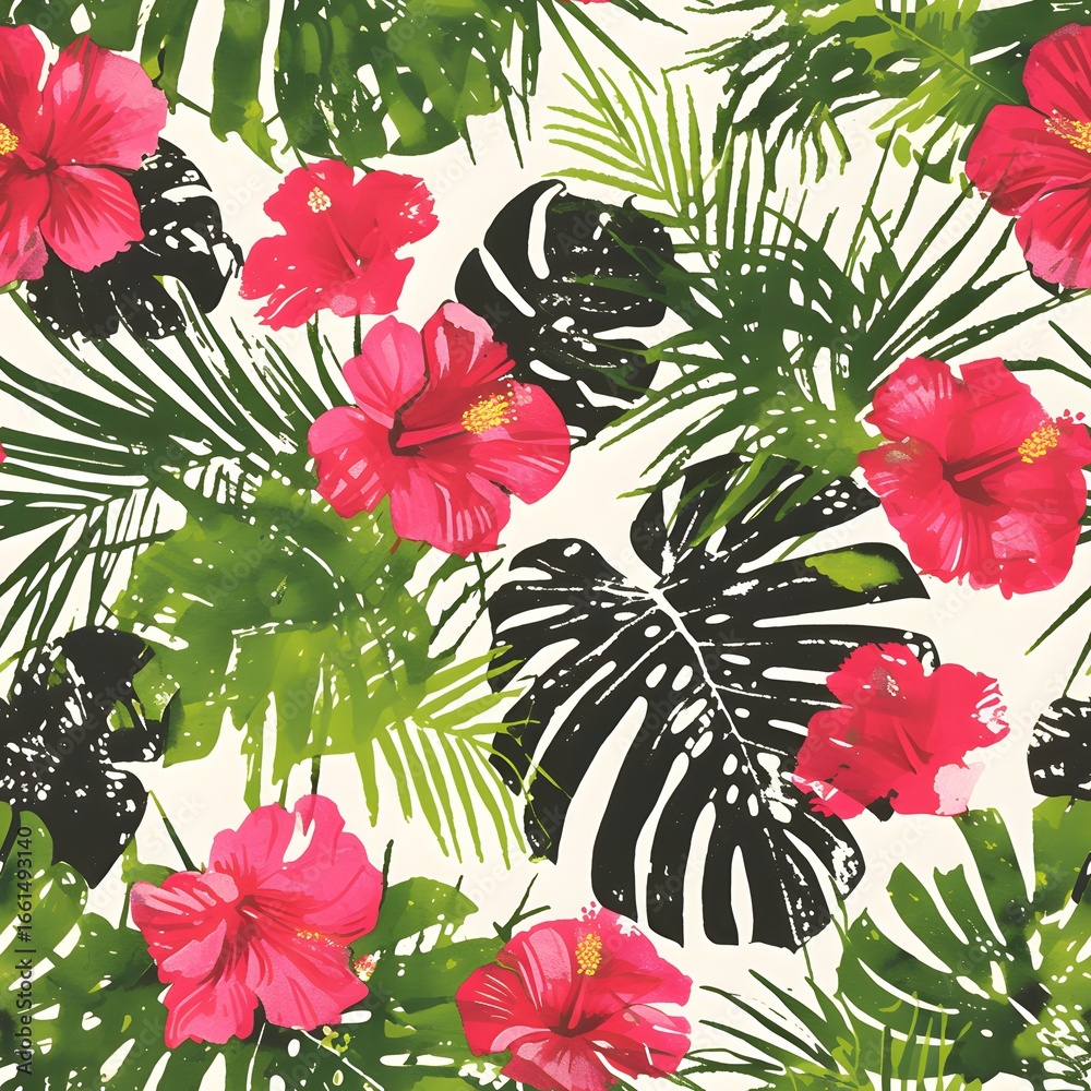 Fototapeta premium Seamless pattern with jungle foliage, hibiscus flower. Tropical leaf textile. Exotic floral background for summer wallpaper.
