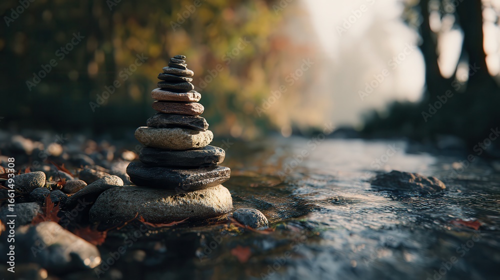 Obraz premium Stacked stones create harmony along a serene stream in a peaceful outdoor setting during late afternoon light