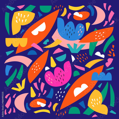 Print with colorful doodles. Design with flowers and leaves