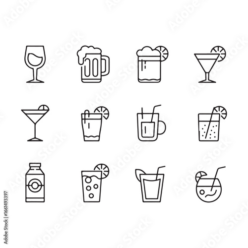 Collection of hand-drawn icons representing various alcoholic and non-alcoholic beverages and drinks silhouette