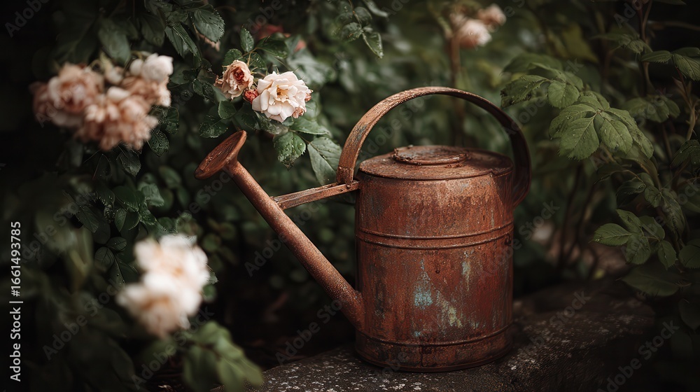 Rusty watering can resting among blooming roses in a garden setting during the late afternoon light Rusty watering can resting among blooming roses in a garden setting during the late afternoon light