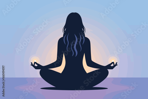 Silhouette illustration of person meditating cross-legged with glowing gradient sky, symbolizing inner peace, mindfulness, and serenity