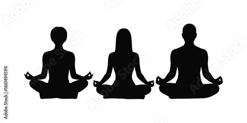 Silhouette illustration of three people meditating cross-legged with mudra gestures, symbolizing collective mindfulness and inner peace