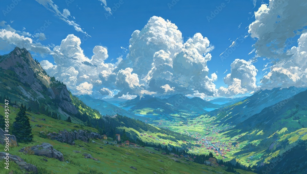 Obraz premium Panoramic vista of a valley nestled amongst alpine peaks. Lush green meadows and scattered villages are nestled in a valley, framed by rugged, 