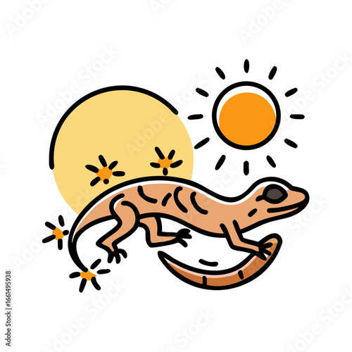 Cartoon lizard basking in the sun with a bright sun and stylized elements