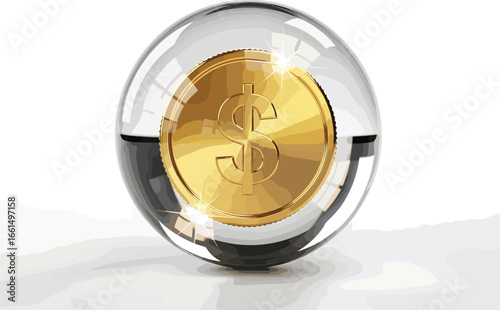 Transparent coin sphere with golden dollar currency inside symbolizing secure finance investment and modern digital economy