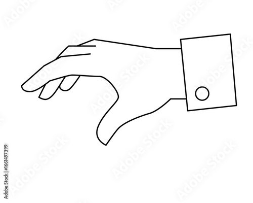 Hand reaching out to grab something and cuff of sleeve - vector linear image for coloring, logo or pictogram. Outline. Human palm