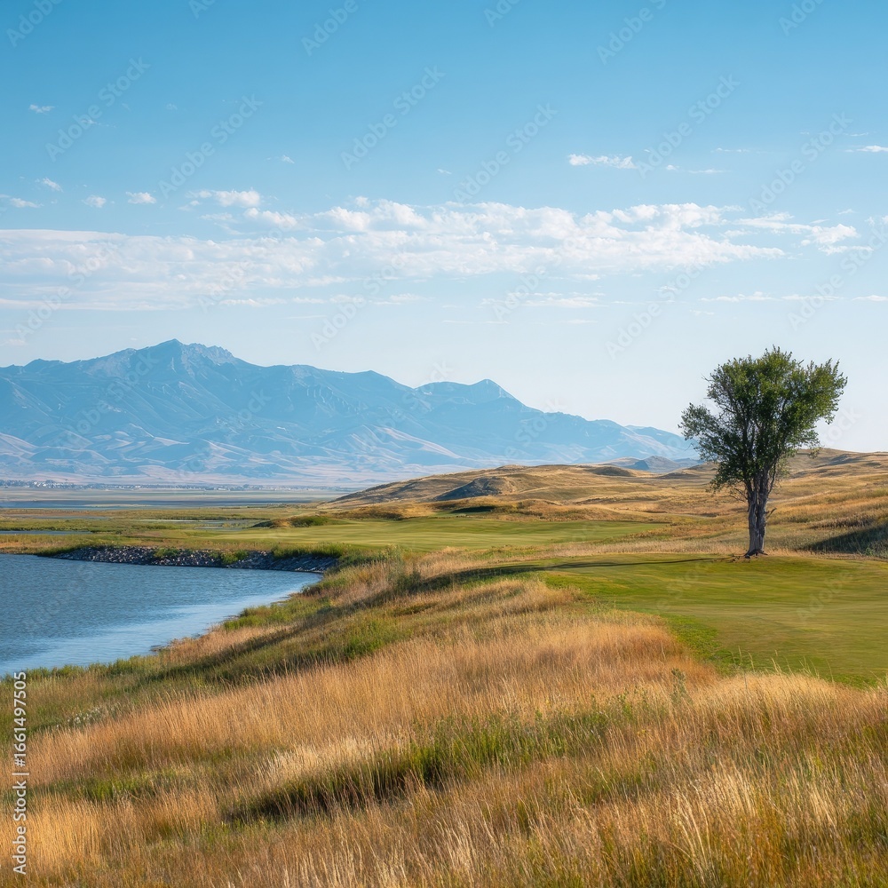 Fototapeta premium Pristine golf course by a serene lake, majestic mountains in the background