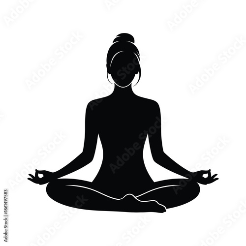 Silhouette illustration of person meditating cross-legged with hands in mudra and hair in bun, symbolizing mindfulness and inner calm