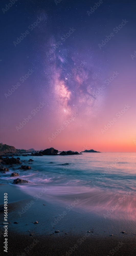 Fototapeta premium Blurry seascape at twilight, milky way streaks across a vibrant sunset sky