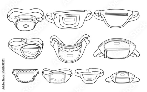 Waist bag outline set collection, handbag outline various pockets and accessories, fashion nylon purse with belt buckle, summer accessory, fanny pack, Zipped pouch bag. Line art school nylon belt bag.