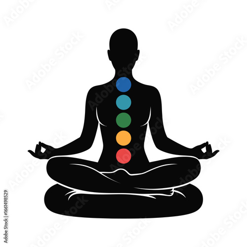 Silhouette illustration of person meditating with seven colored chakras aligned along the torso, symbolizing energy balance and spiritual wellness