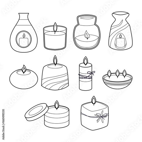 Set of aromatherapy outline doodle line art set collection, Aromatic oil with candle, diffuser, essential oil, incense, spa. Ayurvedic, ayurveda Alternative medical. Natural essence, extract herbs