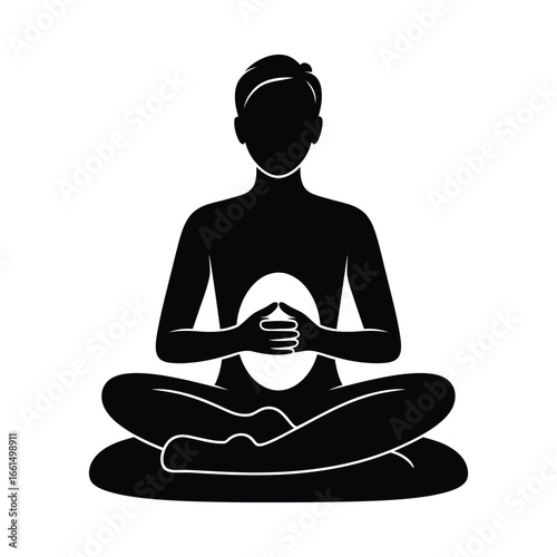 Silhouette illustration of person meditating cross-legged with hands in triangle gesture, symbolizing inner peace, focus, and spiritual clarity