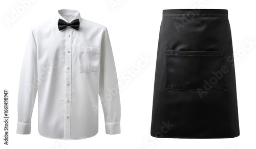 Elegant White Shirt with Bow Tie and Black Apron on Transparent Background