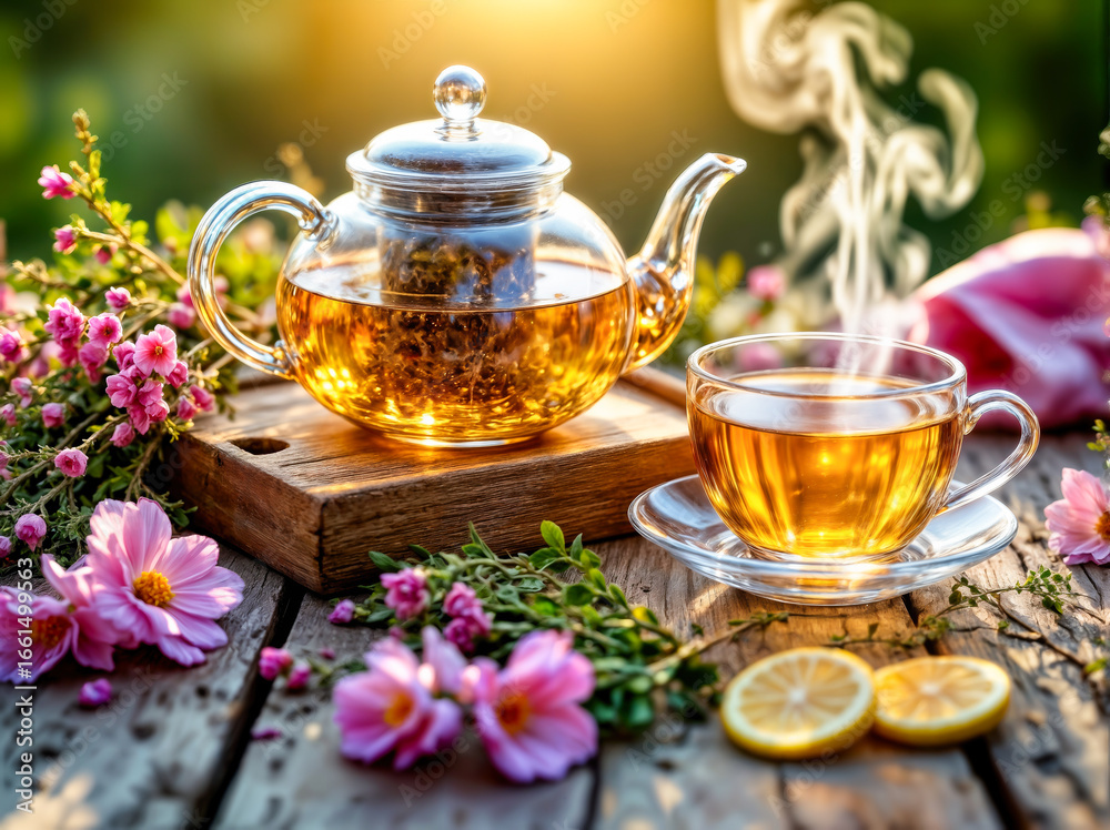 Fototapeta premium Gemütliche Teestunde im Garten mit dampfender Teekanne, Tasse, frischen Blüten und Zitrone auf rustikalem Holztisch bei Sonnenlicht.