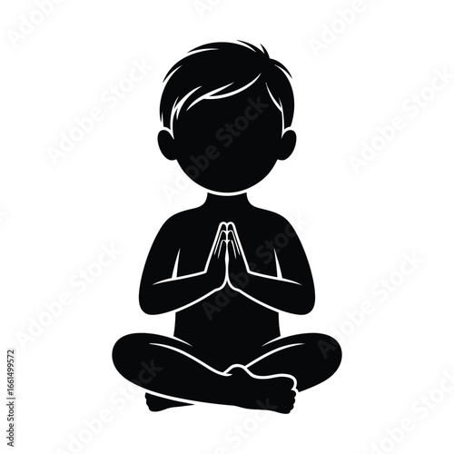 Silhouette illustration of child sitting cross-legged in meditative pose with hands together, symbolizing peace, mindfulness, and inner calm