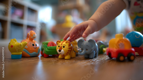 Close up of a childs hand reaching for a collection of toy animals on a wooden floor