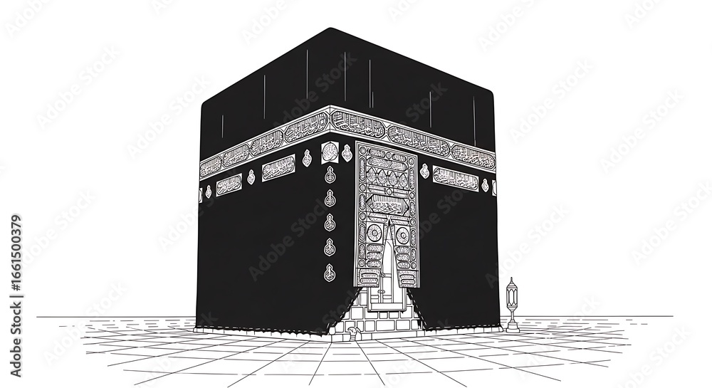 Obraz premium Black and White Sketch of the Kaaba in Mecca