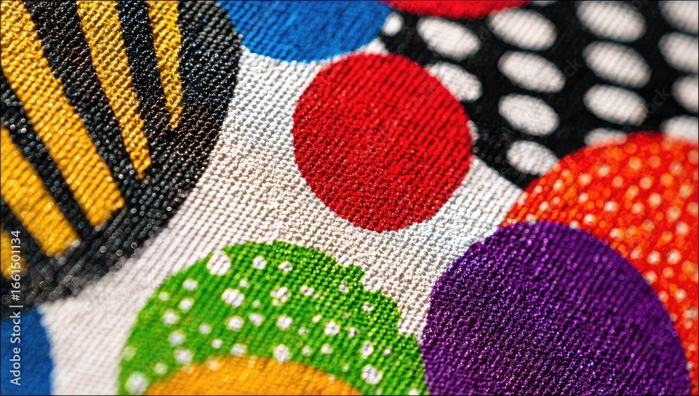 Naklejka premium Close-up view of a fabric with vibrant, multicolored, patterned circles and stripes