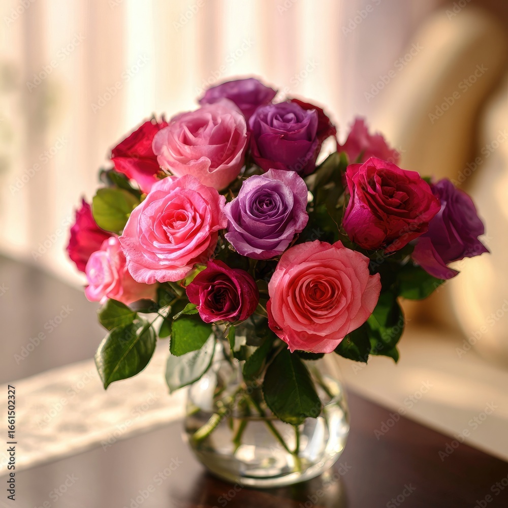 Obraz premium A bouquet of assorted roses in a glass vase
