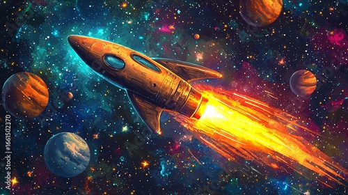 Space rockets fly in the stars