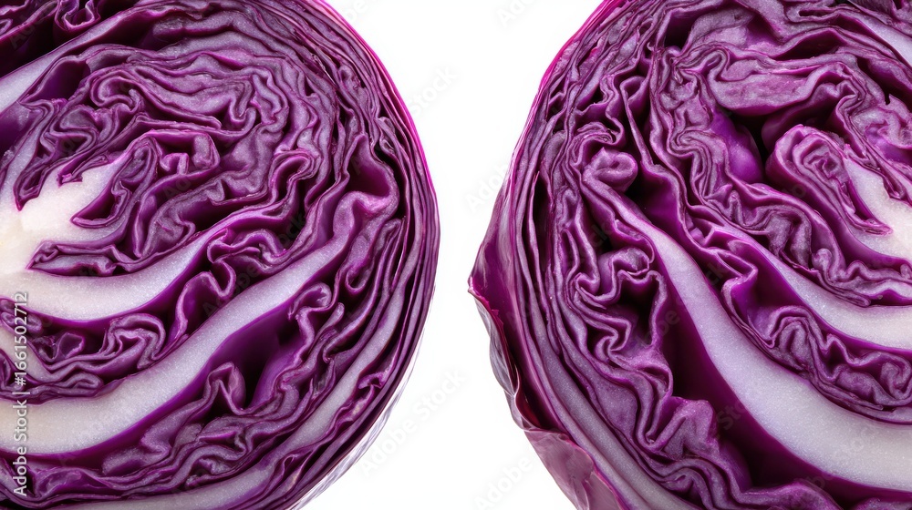 Fototapeta premium Two halves of fresh red cabbage showing intricate patterns