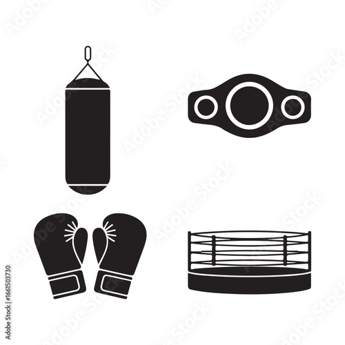 Boxing sport icons punching bag gloves championship belt and ring for combat training and competition silhouette