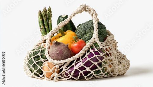 Mesh grocery bag filled with assorted fresh produce